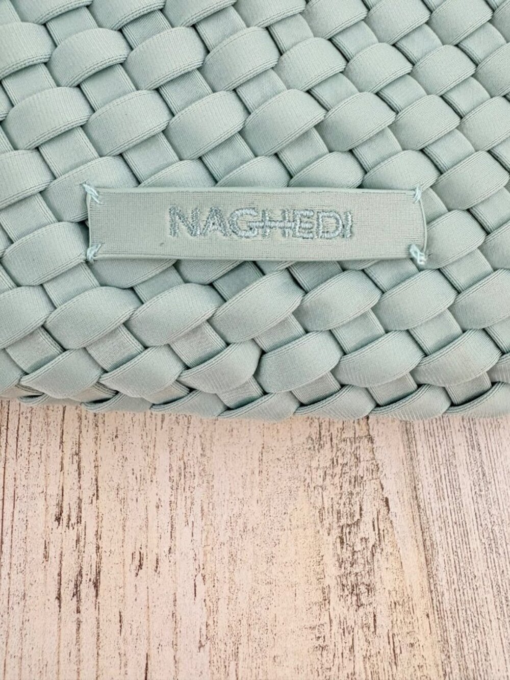 Naghedi St Barths Medium Tote Aqua Green Woven Neoprene with Pouch - Picture 7 of 16